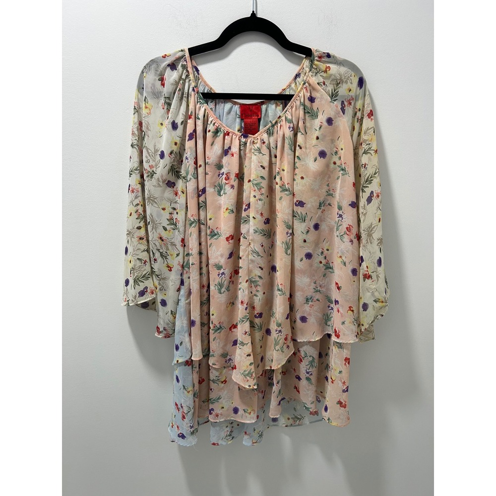 V Cristina Women Floral Tiered Tunic Blouse Pink Blue Sheer Bell Sleeve Large